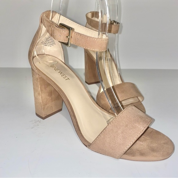 Nine West Abrah Tan Faux Suede Ankle Strap Block Heel Open Toe Sandals 7.5 - Picture 1 of 7